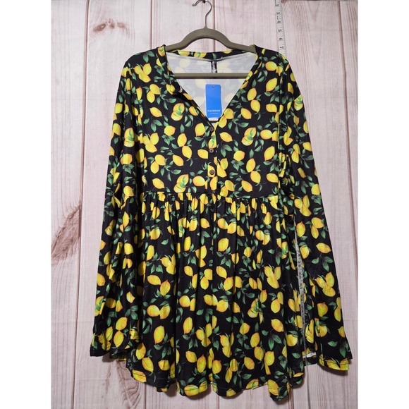 Allegrace Tops - ALLEGRACE Women's 4X Black Lemon Print Long Sleeve Button Front Tunic Top